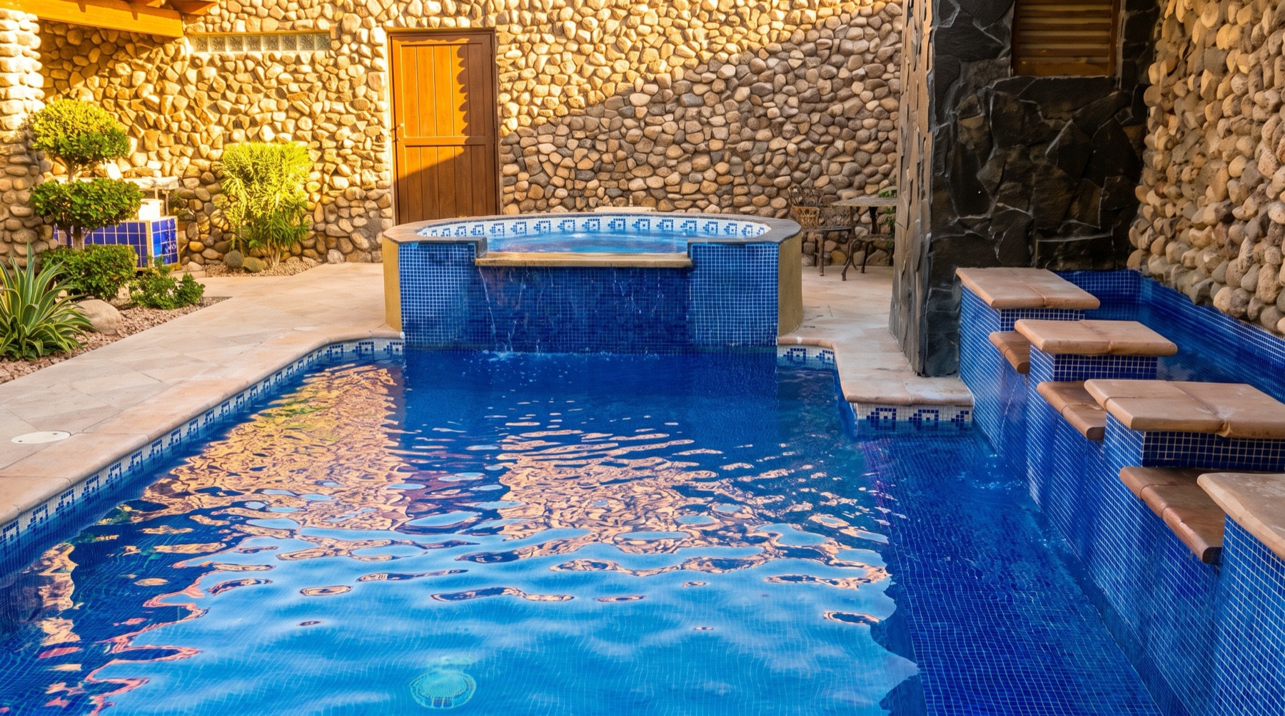 Alberca con jacuzzi integrado y muro de piedra bola