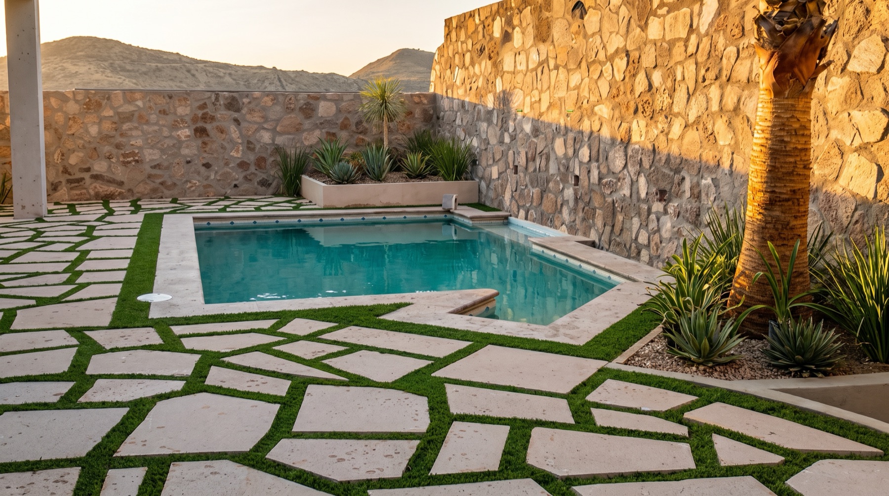 Piscina panorámica con piso de laja y vista a la sierra